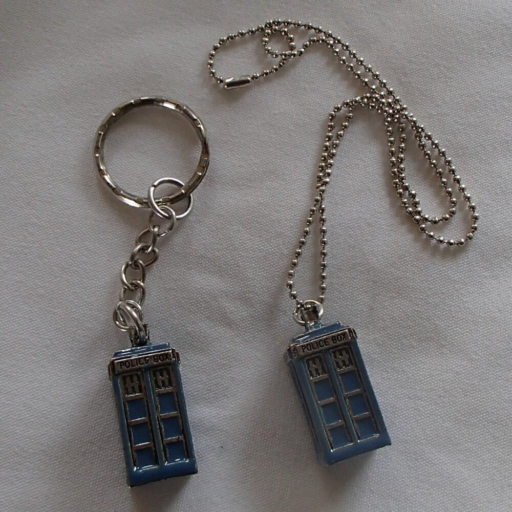 Dr. Who 3D Tardis Ball Chain Necklace Key & Chain Set of 2 New Modified Blue